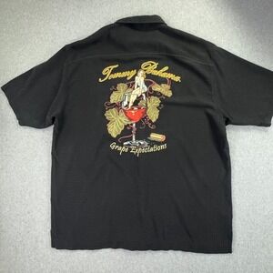 Tommy‎ Bahama Grape Expectations Camp Shirt Mens L Embroidered Black Silk Pin Up